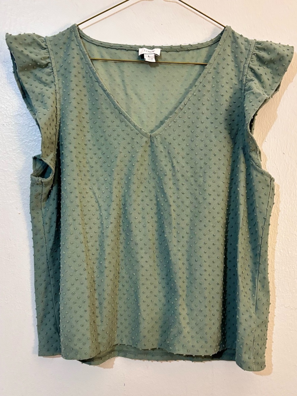 J. Crew Sage Green Swiss Dot V-Neck Cap Sleeve Top